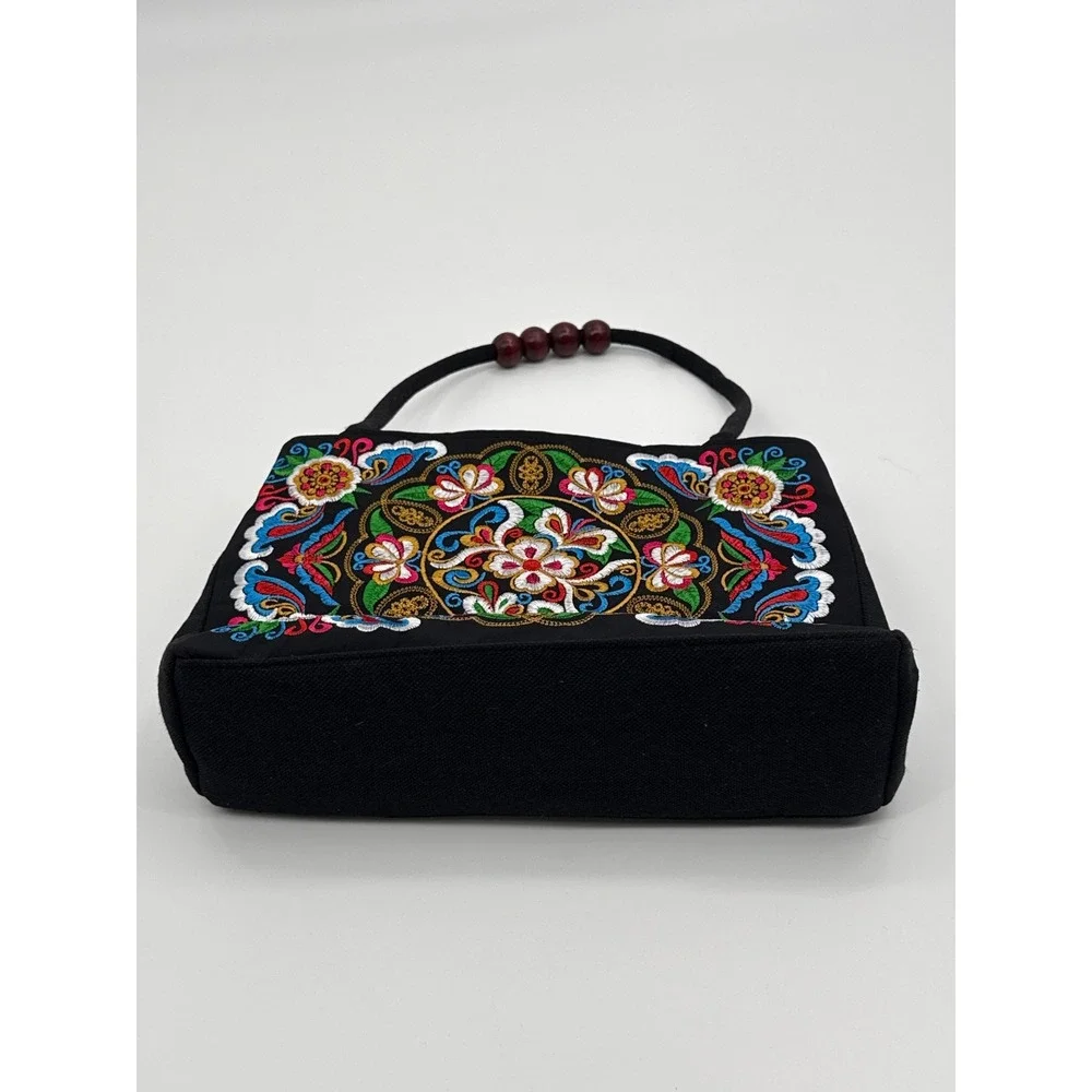 Boho Embroidered Floral Canvas Handbag Black with Wood Bead Handles